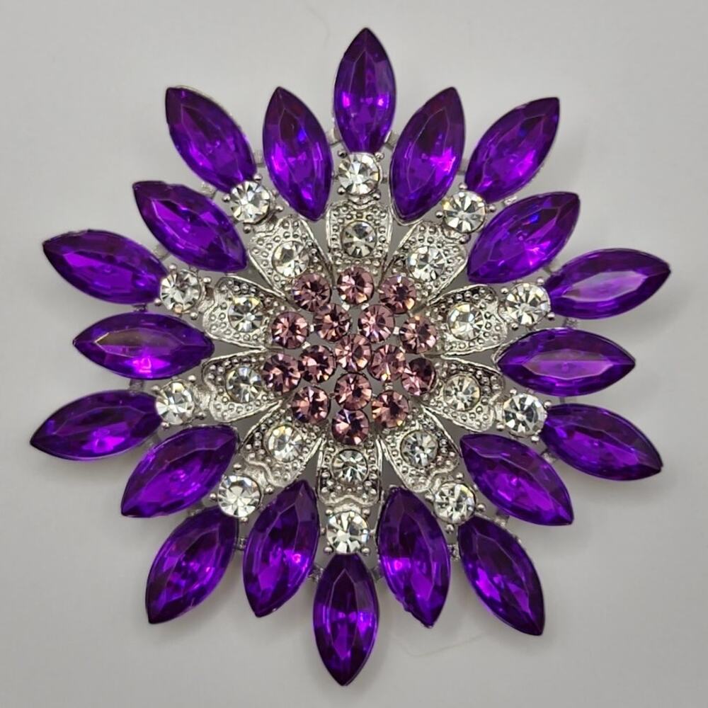 Flower Brooch Purple Marquis Faux Jewels W/ Clear Rhinestone Accents
